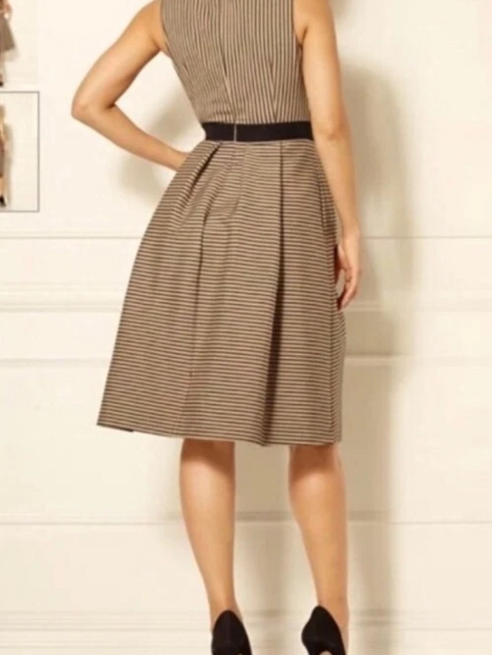 Eva Mendes NY&Co Freya Sleeveless Black & Tan Striped Fit-and-Flare Dress Medium - Picture 2 of 9